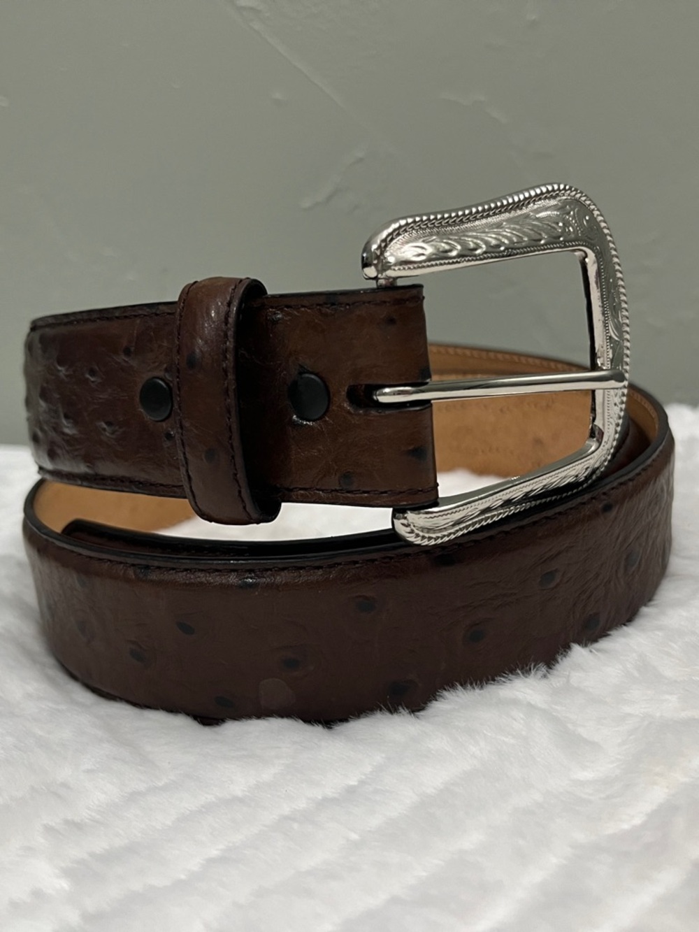 3D Western Brown Leather Men’s Belt Size 38 silver buckle